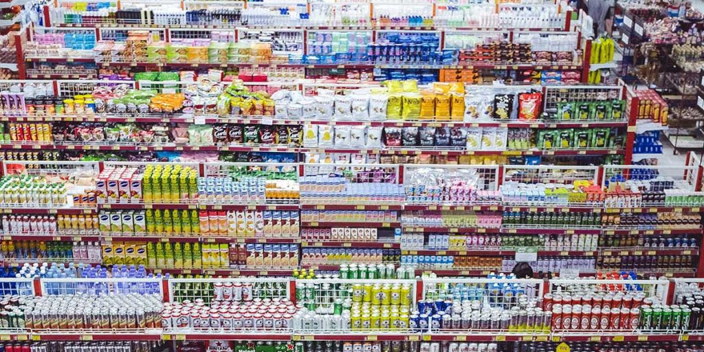 Display of many product brands in store